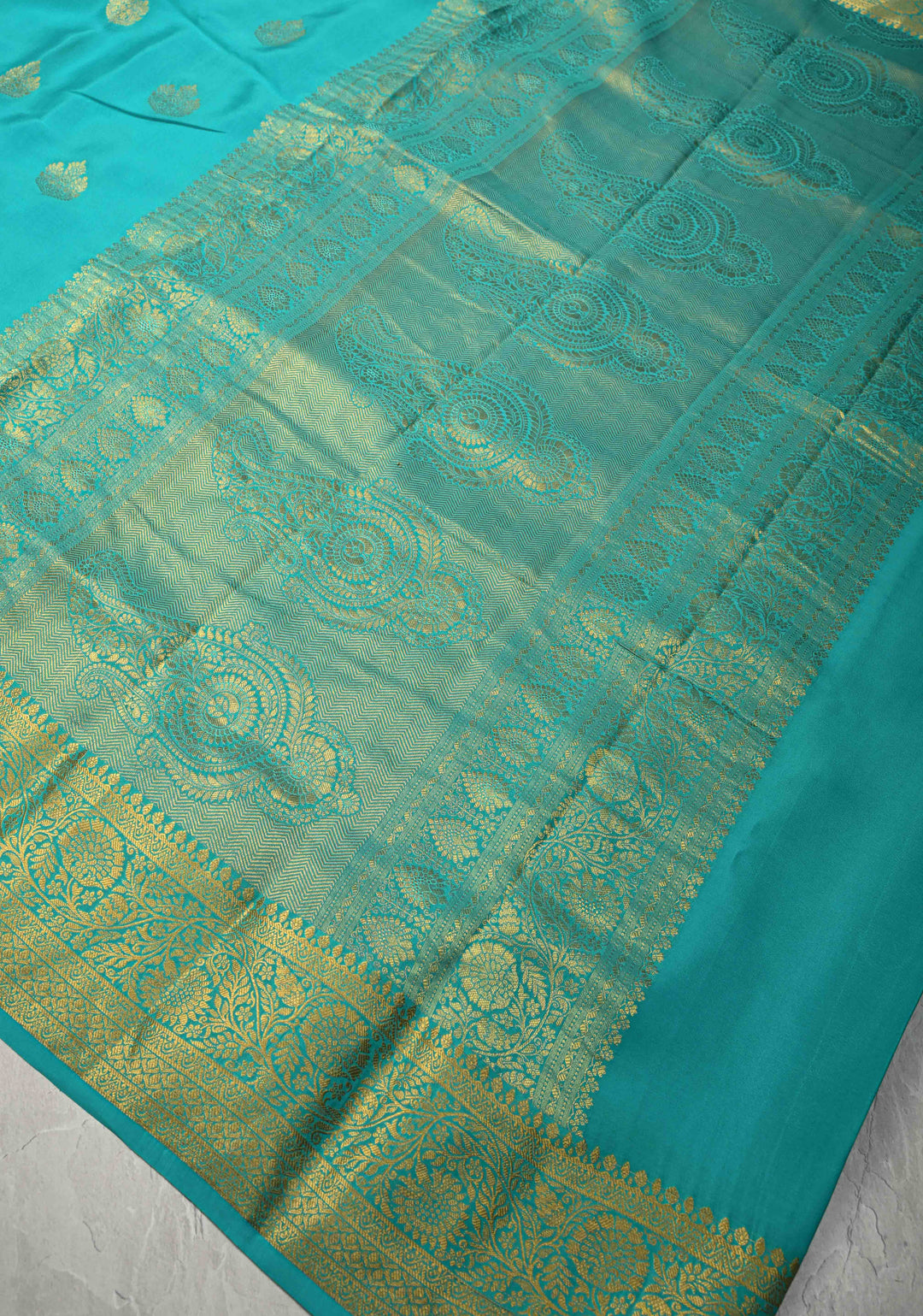 Turquoise Blue Pure Mysore Silk Saree with Jari Buttas and Zari Border | SILK MARK CERTIFIED