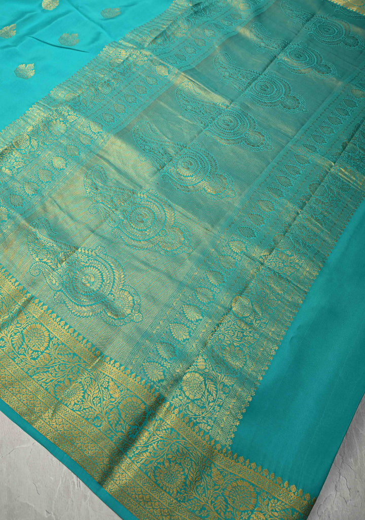 Turquoise Blue Pure Mysore Silk Saree with Jari Buttas and Zari Border | SILK MARK CERTIFIED