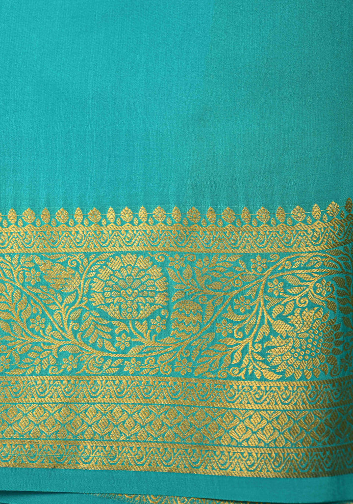 Turquoise Blue Pure Mysore Silk Saree with Jari Buttas and Zari Border | SILK MARK CERTIFIED
