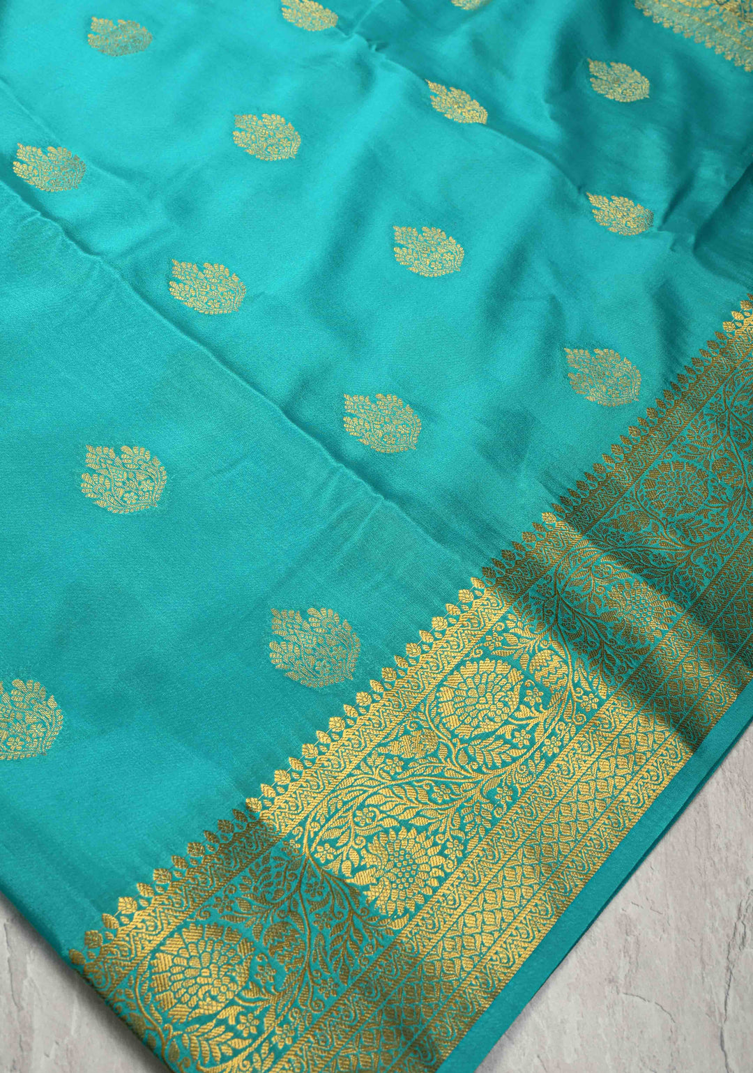 Turquoise Blue Pure Mysore Silk Saree with Jari Buttas and Zari Border | SILK MARK CERTIFIED