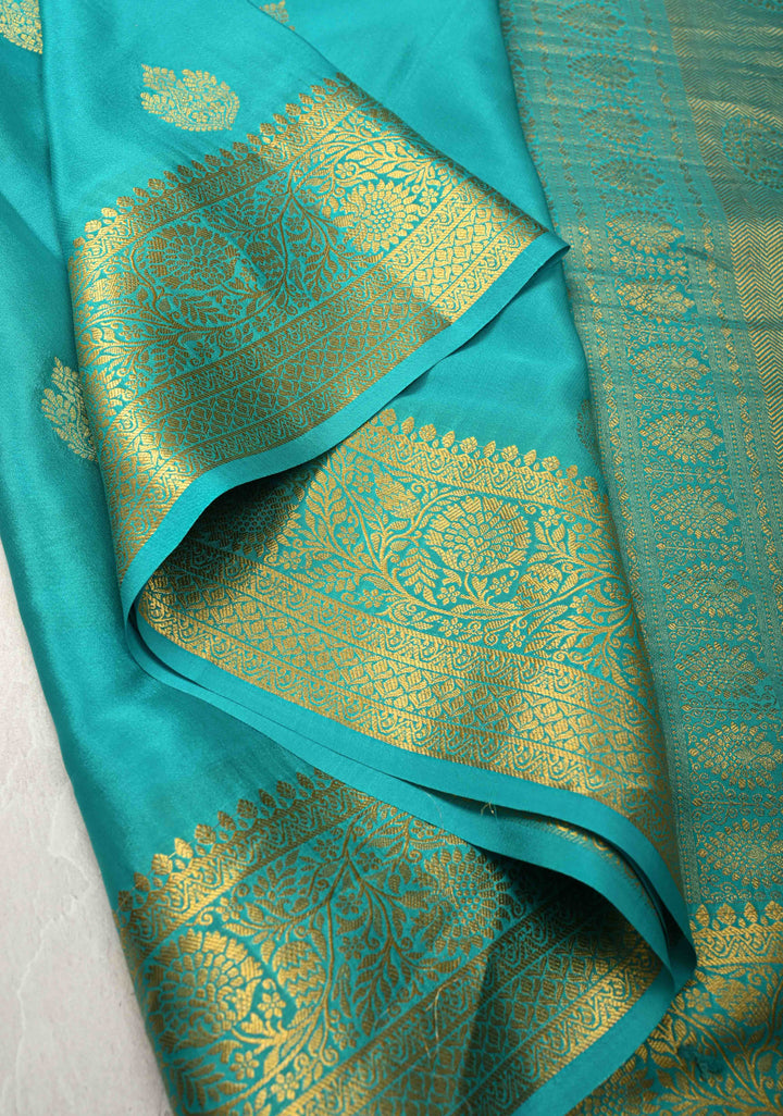 Turquoise Blue Pure Mysore Silk Saree with Jari Buttas and Zari Border | SILK MARK CERTIFIED