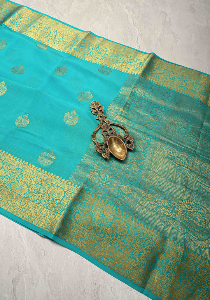Turquoise Blue Pure Mysore Silk Saree with Jari Buttas and Zari Border | SILK MARK CERTIFIED
