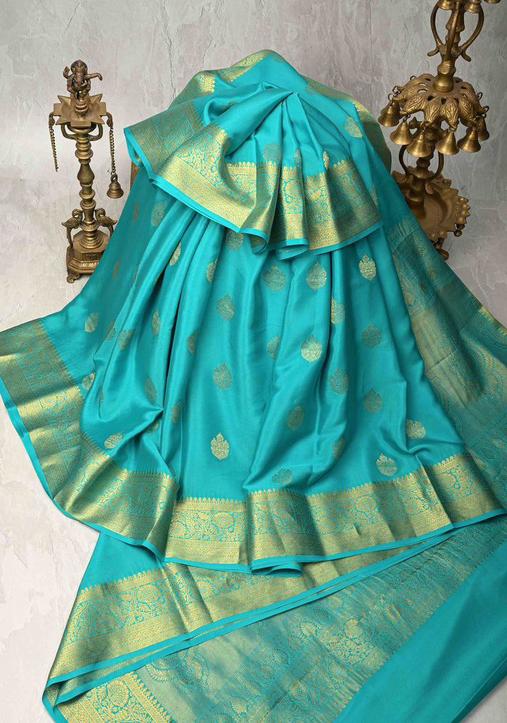 Turquoise Blue Pure Mysore Silk Saree with Jari Buttas and Zari Border | SILK MARK CERTIFIED
