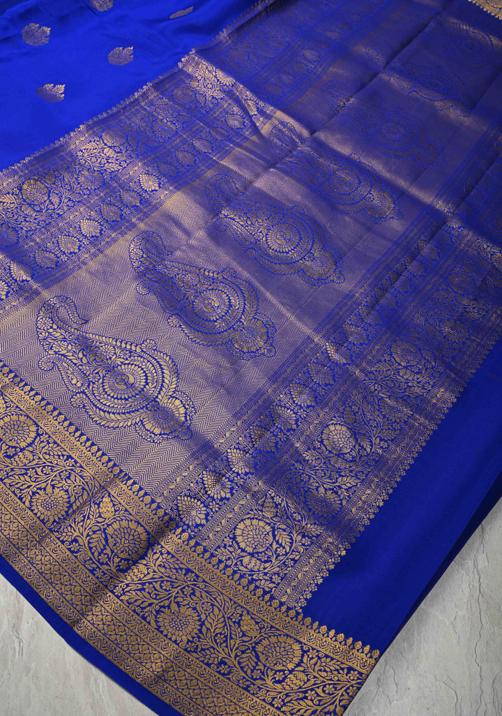 Navy Blue Pure Mysore Silk Saree with Jari Buttas and Zari Border | SILK MARK CERTIFIED