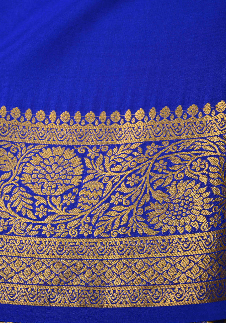 Navy Blue Pure Mysore Silk Saree with Jari Buttas and Zari Border | SILK MARK CERTIFIED