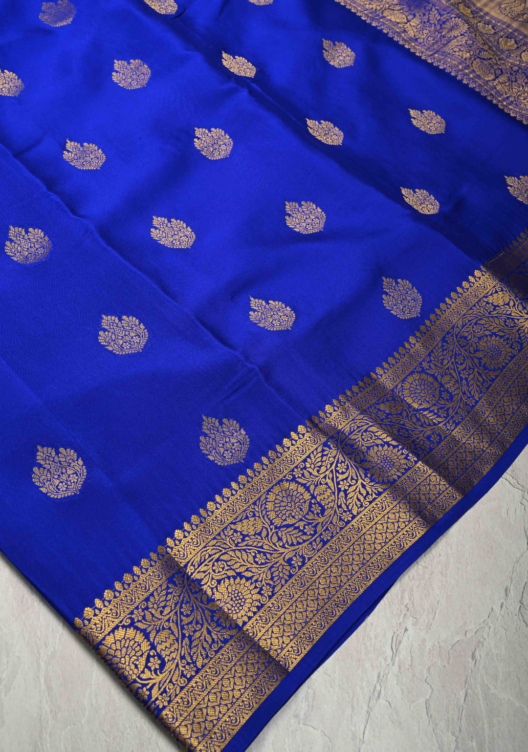 Navy Blue Pure Mysore Silk Saree with Jari Buttas and Zari Border | SILK MARK CERTIFIED