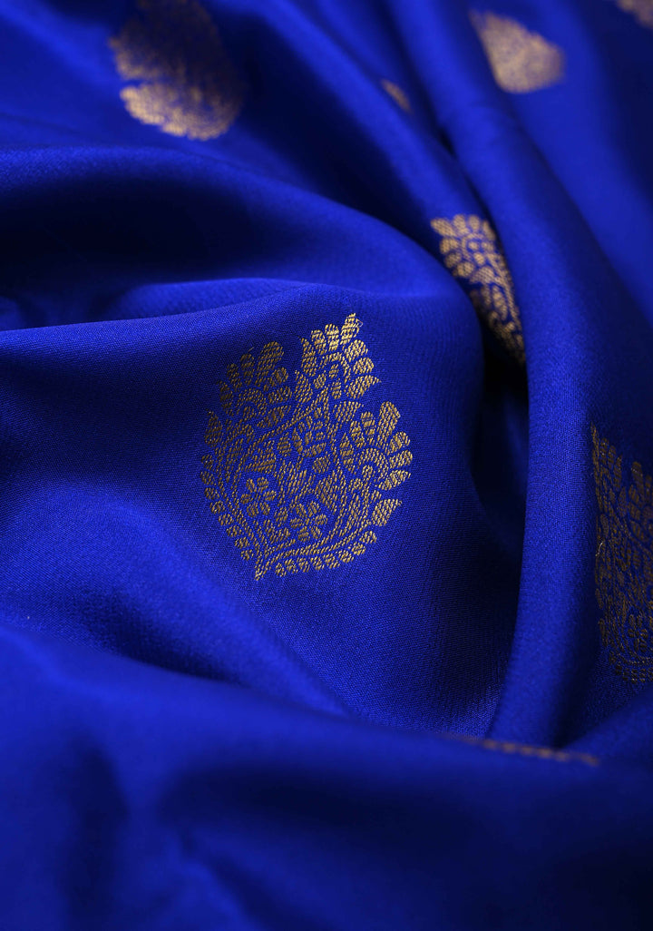 Navy Blue Pure Mysore Silk Saree with Jari Buttas and Zari Border | SILK MARK CERTIFIED