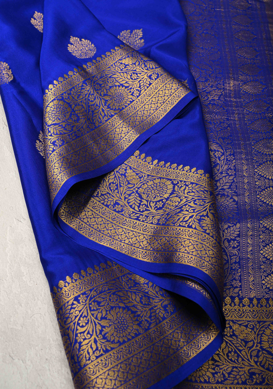Navy Blue Pure Mysore Silk Saree with Jari Buttas and Zari Border | SILK MARK CERTIFIED