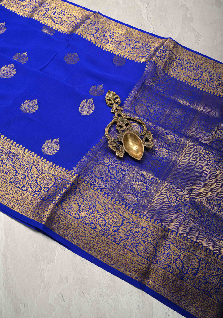 Navy Blue Pure Mysore Silk Saree with Jari Buttas and Zari Border | SILK MARK CERTIFIED