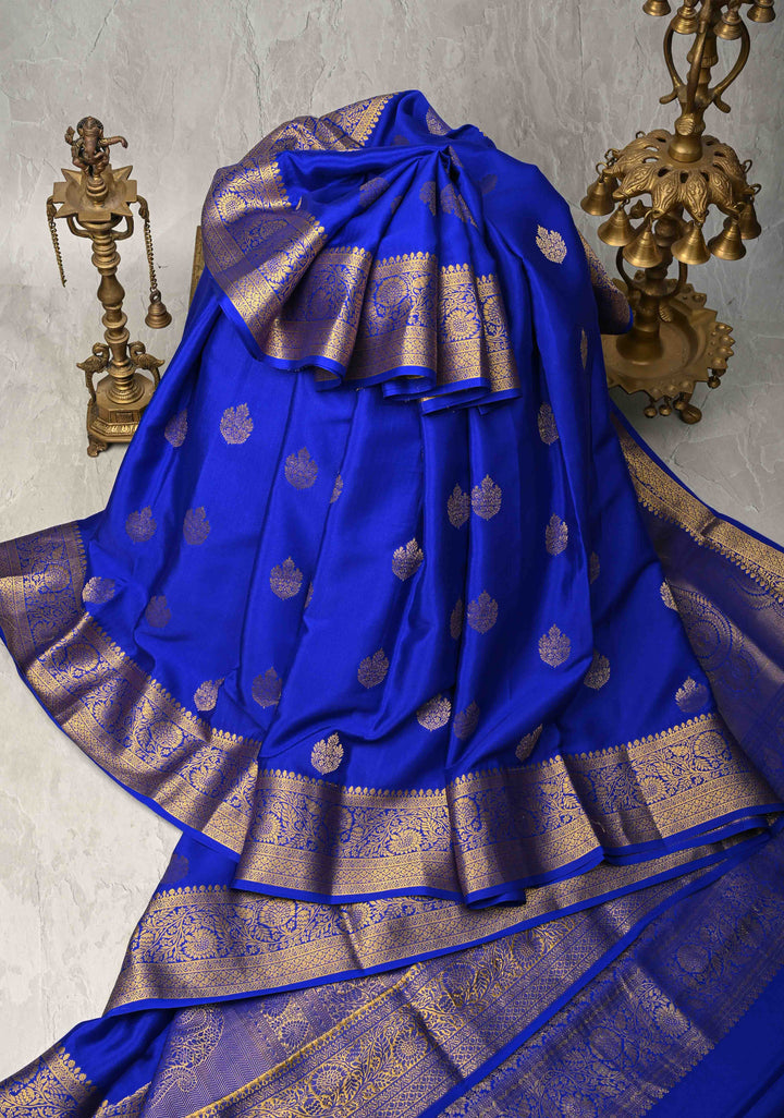 Navy Blue Pure Mysore Silk Saree with Jari Buttas and Zari Border | SILK MARK CERTIFIED