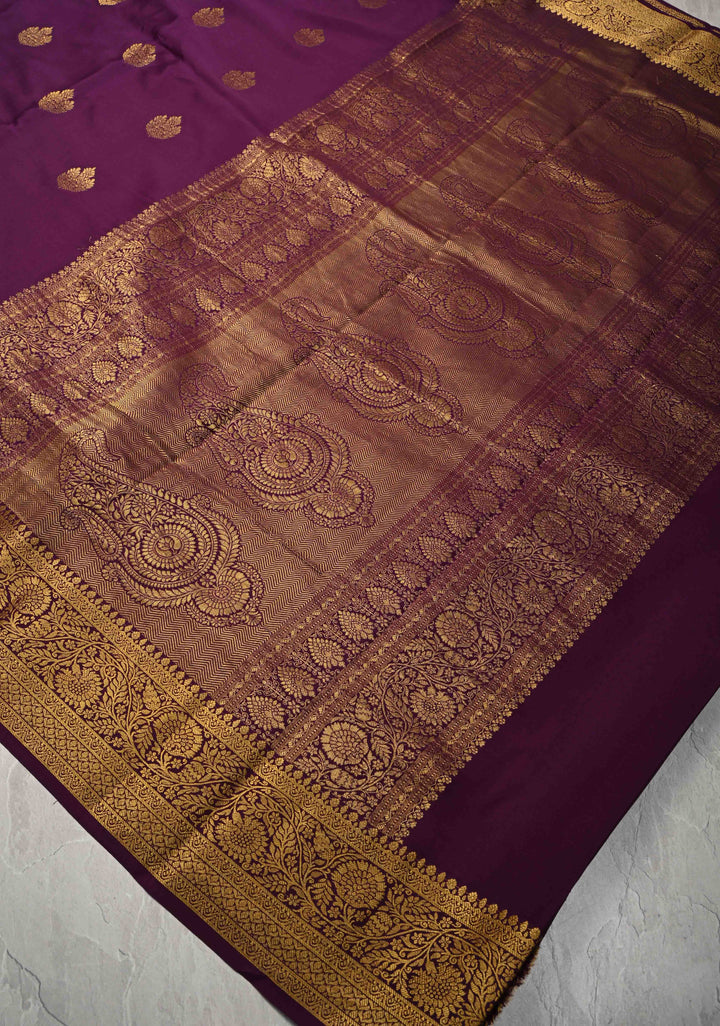 Plum Purple Pure Mysore Silk Saree with Jari Buttas and Zari Border | SILK MARK CERTIFIED