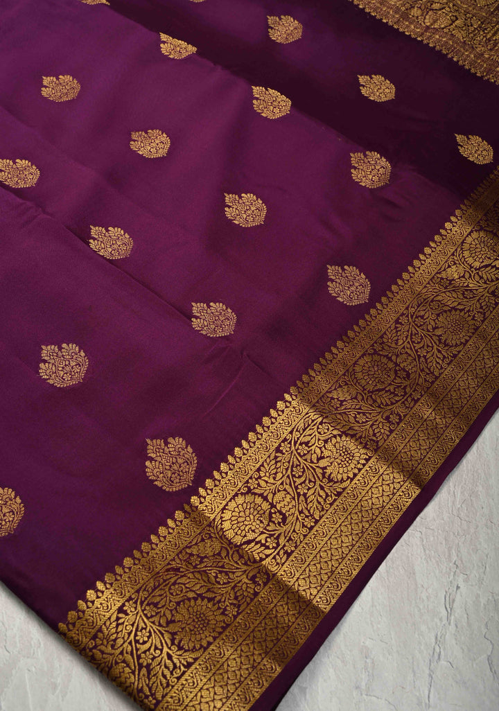Plum Purple Pure Mysore Silk Saree with Jari Buttas and Zari Border | SILK MARK CERTIFIED
