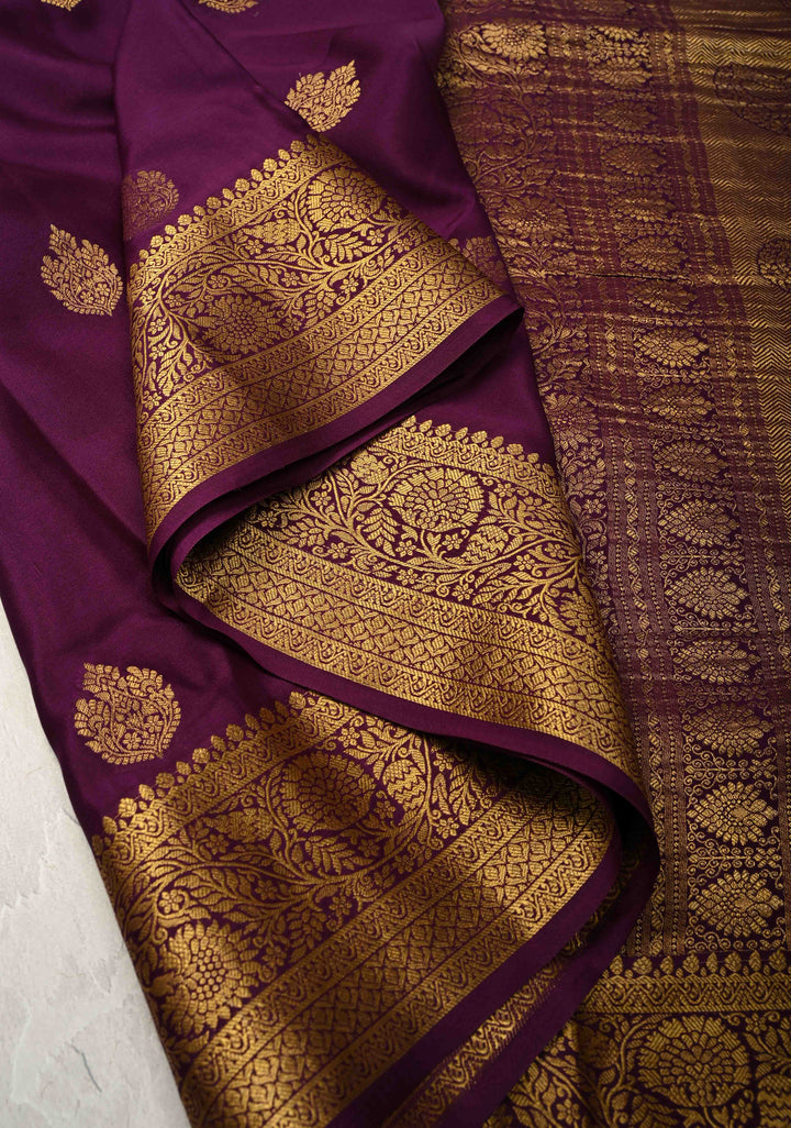 Plum Purple Pure Mysore Silk Saree with Jari Buttas and Zari Border | SILK MARK CERTIFIED