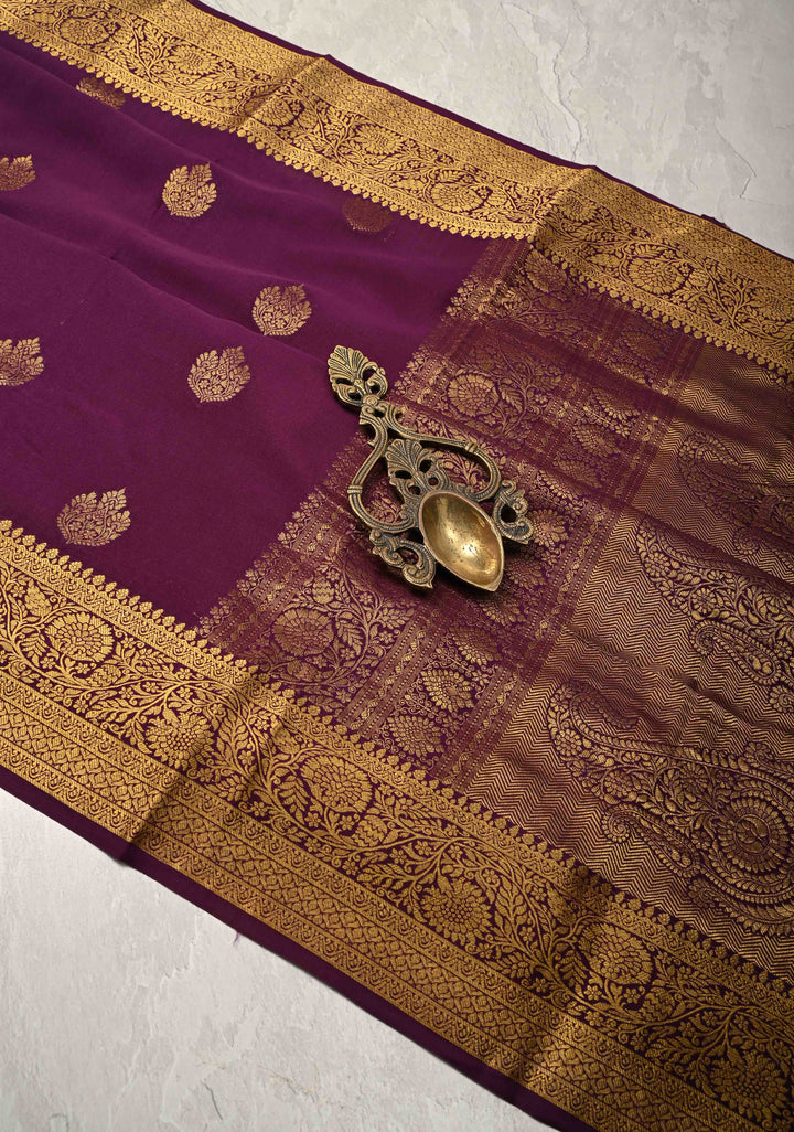 Plum Purple Pure Mysore Silk Saree with Jari Buttas and Zari Border | SILK MARK CERTIFIED