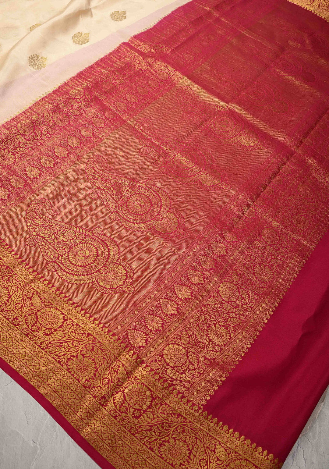 Off White Pure Mysore Silk Saree with Zari Buttas and Contrast Zari Border | SILK MARK CERTIFIED