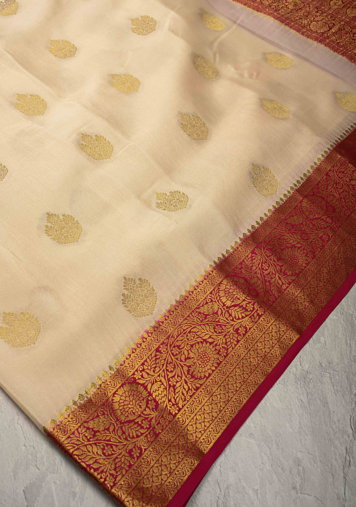 Off White Pure Mysore Silk Saree with Zari Buttas and Contrast Zari Border | SILK MARK CERTIFIED