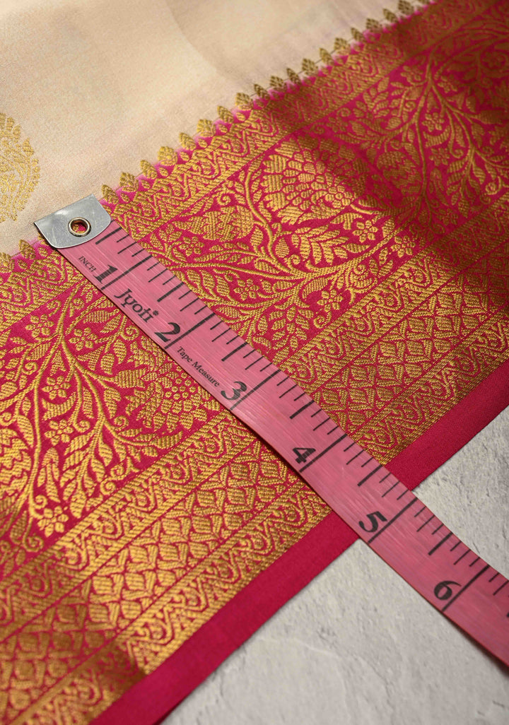 Off White Pure Mysore Silk Saree with Zari Buttas and Contrast Zari Border | SILK MARK CERTIFIED