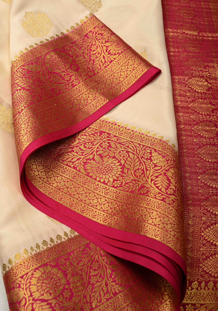 Off White Pure Mysore Silk Saree with Zari Buttas and Contrast Zari Border | SILK MARK CERTIFIED