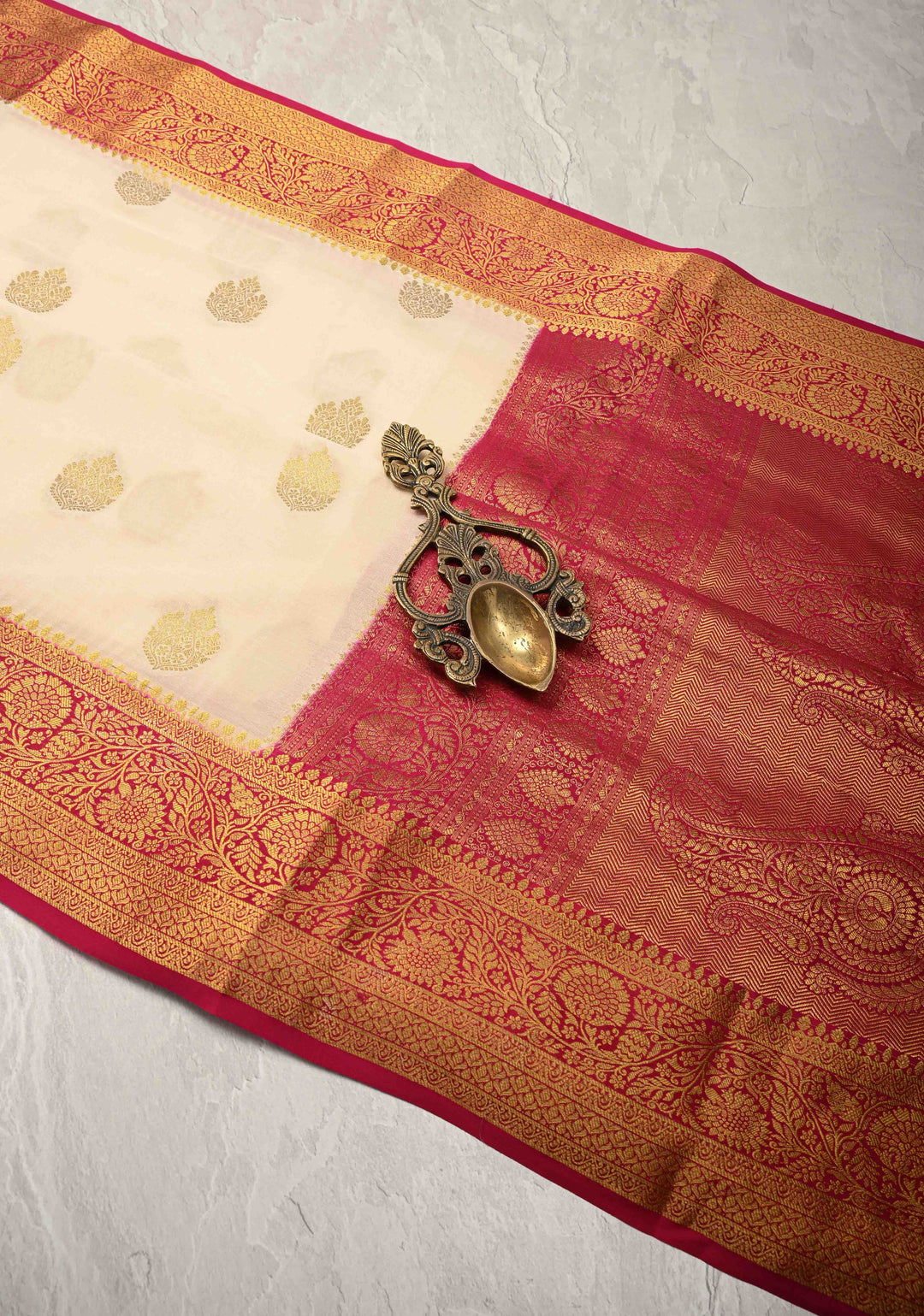 Off White Pure Mysore Silk Saree with Zari Buttas and Contrast Zari Border | SILK MARK CERTIFIED