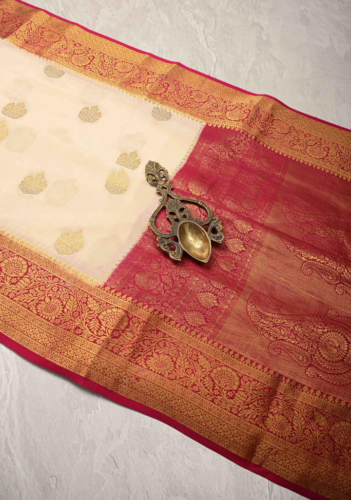 Off White Pure Mysore Silk Saree with Zari Buttas and Contrast Zari Border | SILK MARK CERTIFIED