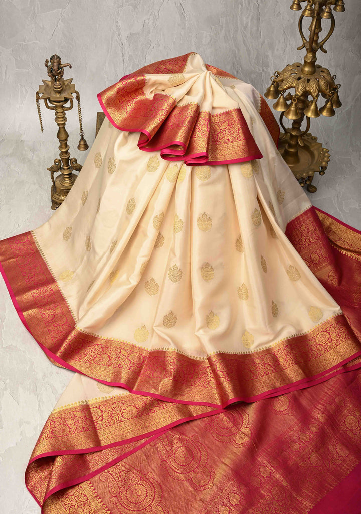 Off White Pure Mysore Silk Saree with Zari Buttas and Contrast Zari Border | SILK MARK CERTIFIED