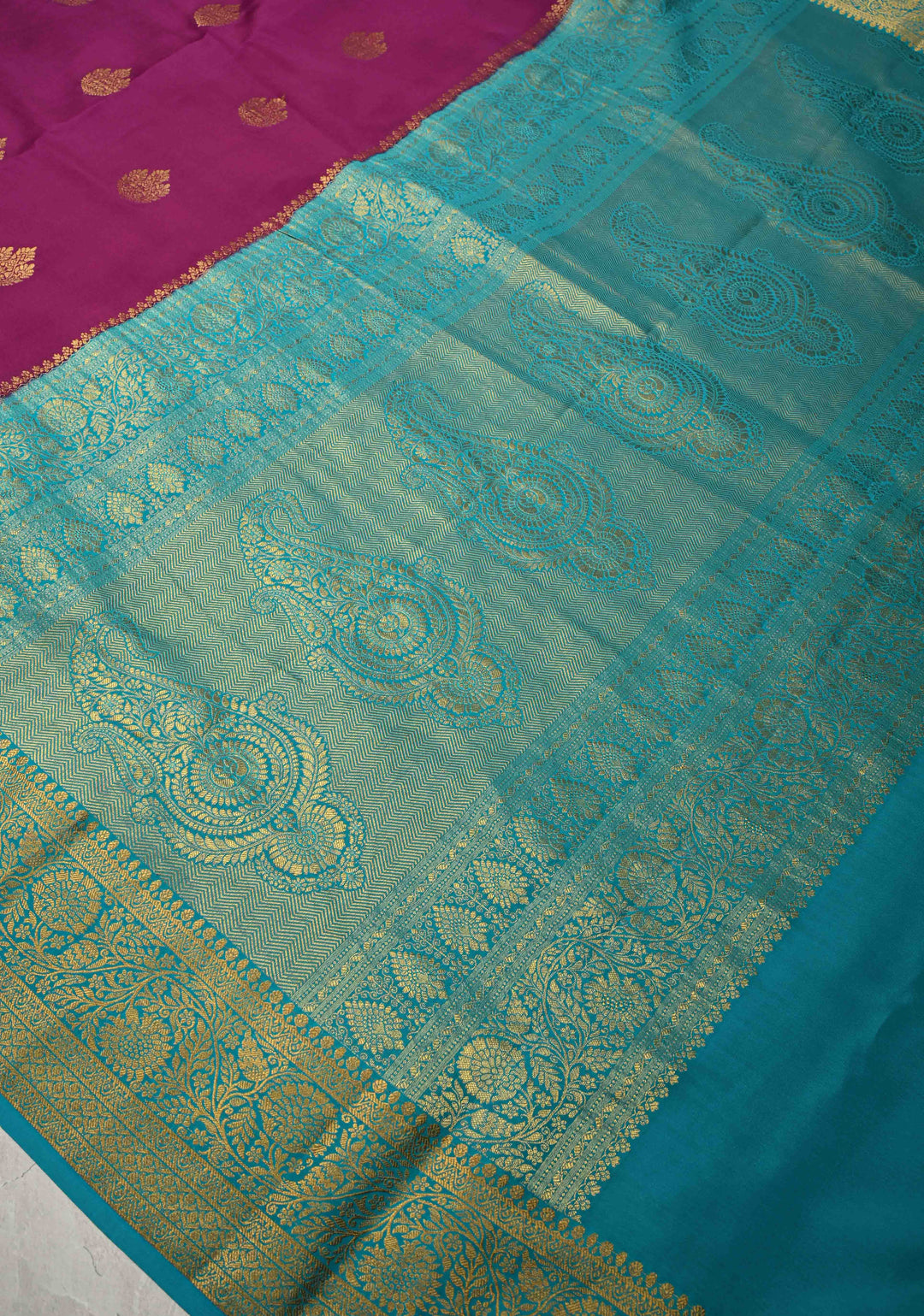 Dark Purple Pure Mysore Silk Saree with Zari Buttas and Contrast Zari Border | SILK MARK CERTIFIED