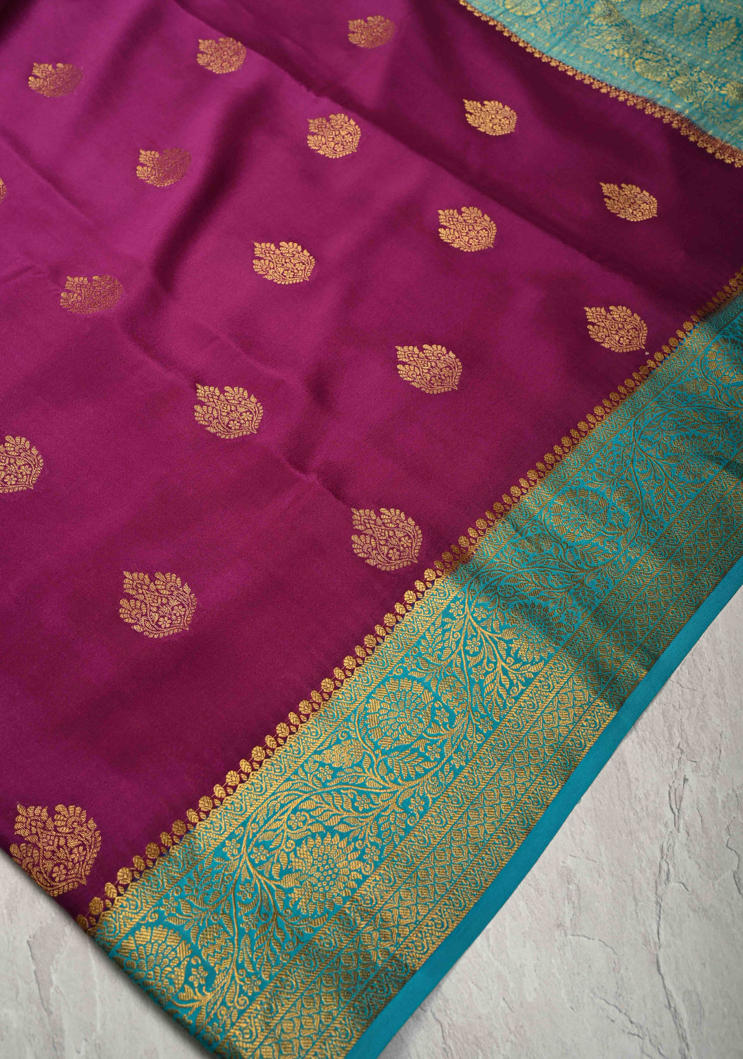Dark Purple Pure Mysore Silk Saree with Zari Buttas and Contrast Zari Border | SILK MARK CERTIFIED