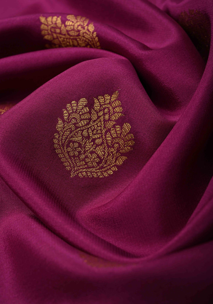 Dark Purple Pure Mysore Silk Saree with Zari Buttas and Contrast Zari Border | SILK MARK CERTIFIED