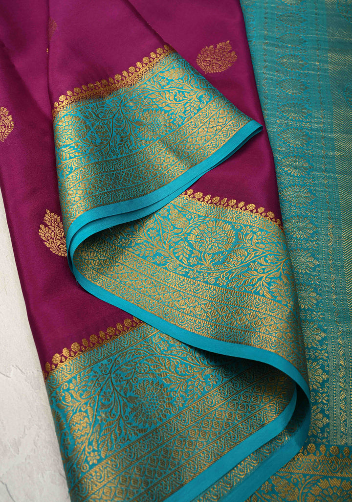 Dark Purple Pure Mysore Silk Saree with Zari Buttas and Contrast Zari Border | SILK MARK CERTIFIED