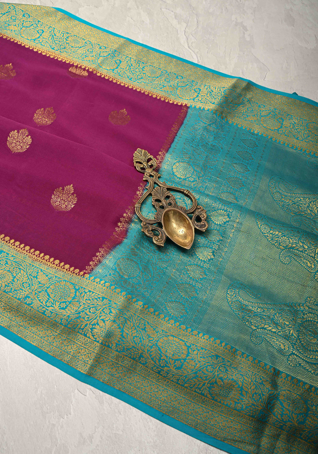 Dark Purple Pure Mysore Silk Saree with Zari Buttas and Contrast Zari Border | SILK MARK CERTIFIED