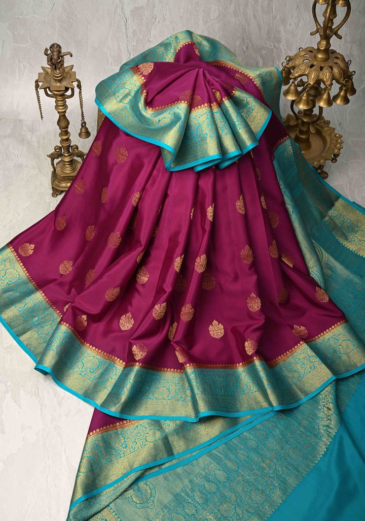 Dark Purple Pure Mysore Silk Saree with Zari Buttas and Contrast Zari Border | SILK MARK CERTIFIED