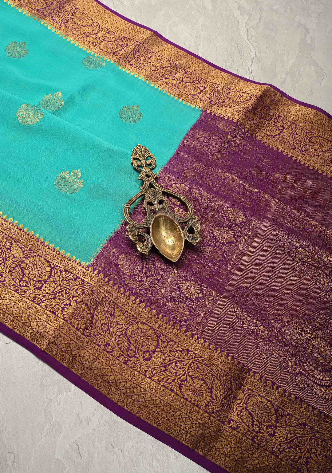 Turquoise Pure Mysore Silk Saree with Zari Buttas and Contrast Zari Border | SILK MARK CERTIFIED