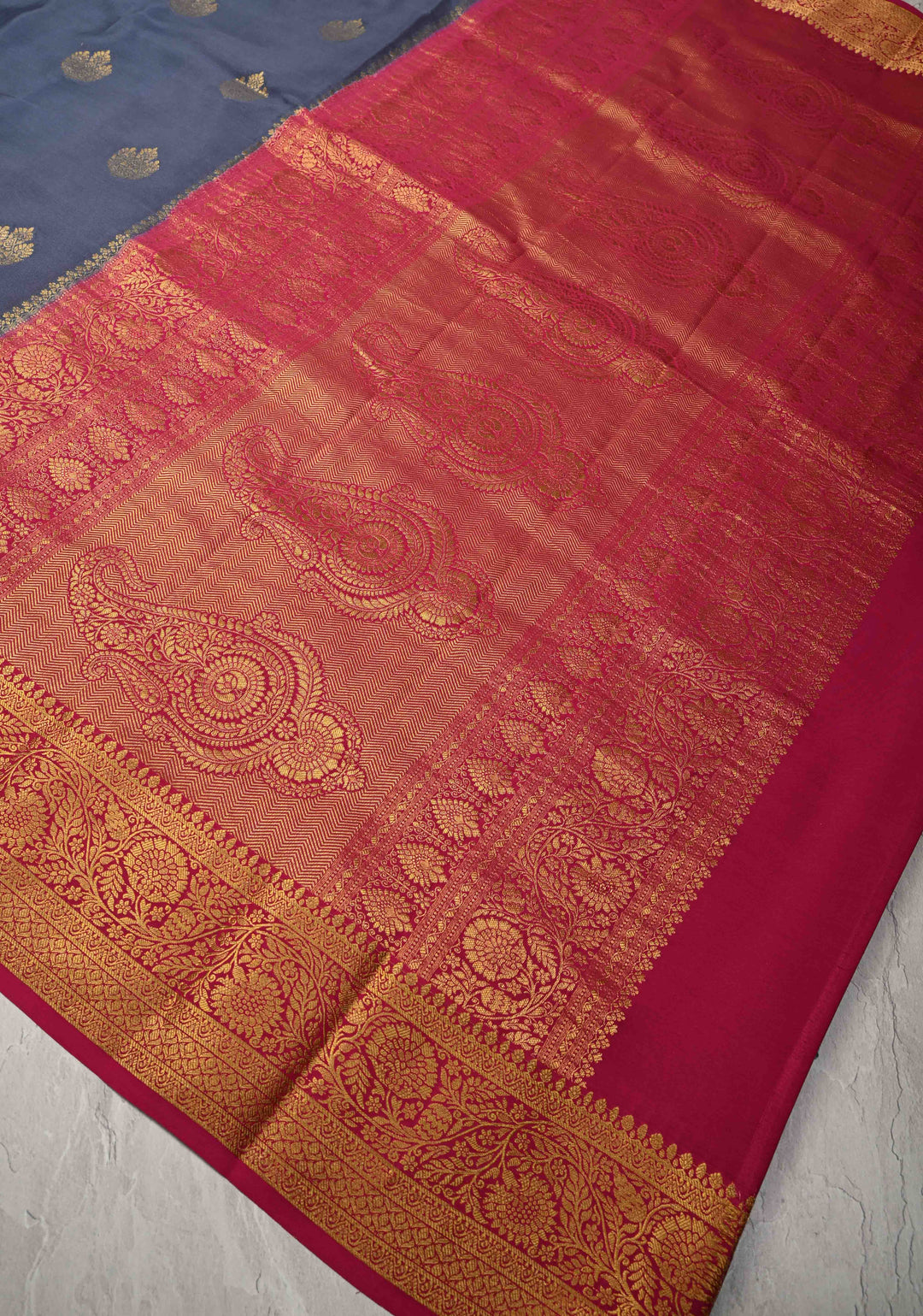Bluish Gray  Pure Mysore Silk Saree with Zari Buttas and Contrast Zari Border | SILK MARK CERTIFIED
