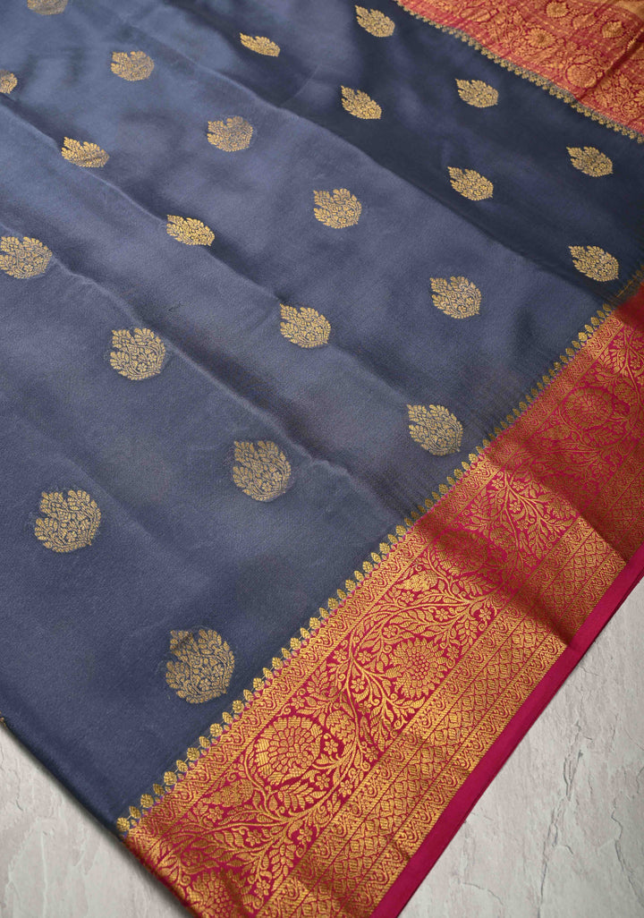 Bluish Gray  Pure Mysore Silk Saree with Zari Buttas and Contrast Zari Border | SILK MARK CERTIFIED