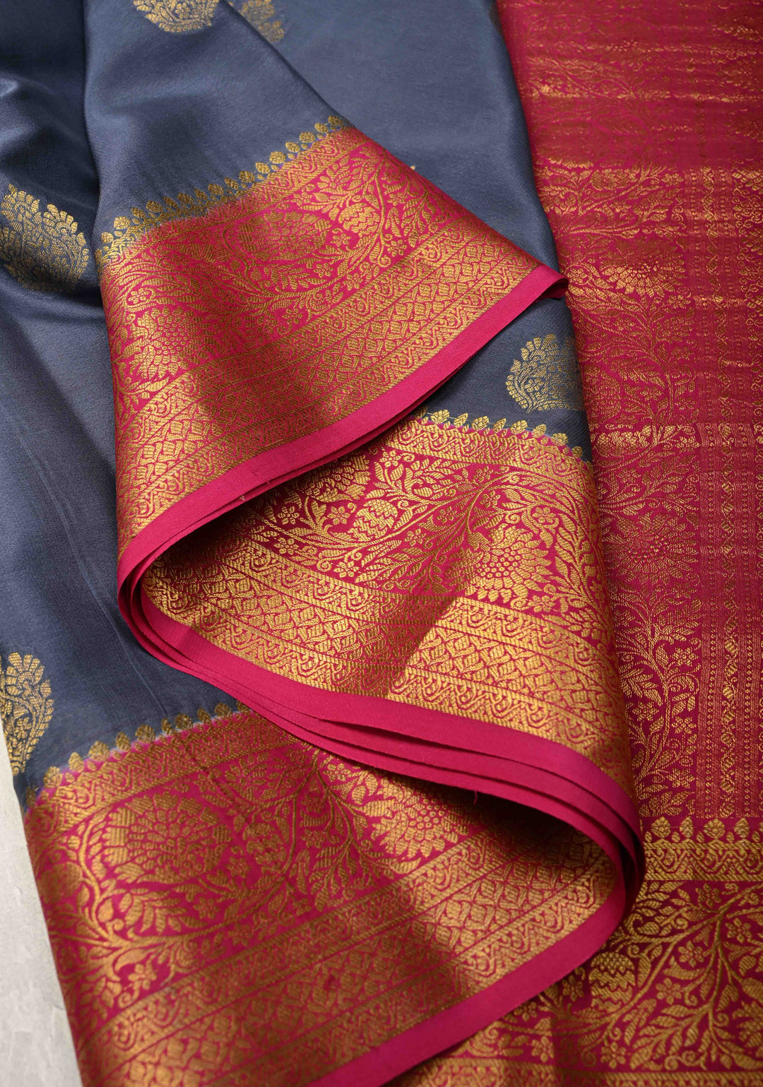 Bluish Gray  Pure Mysore Silk Saree with Zari Buttas and Contrast Zari Border | SILK MARK CERTIFIED