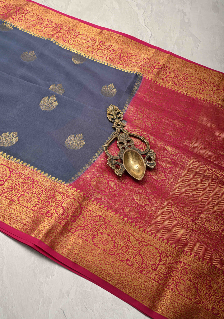 Bluish Gray  Pure Mysore Silk Saree with Zari Buttas and Contrast Zari Border | SILK MARK CERTIFIED