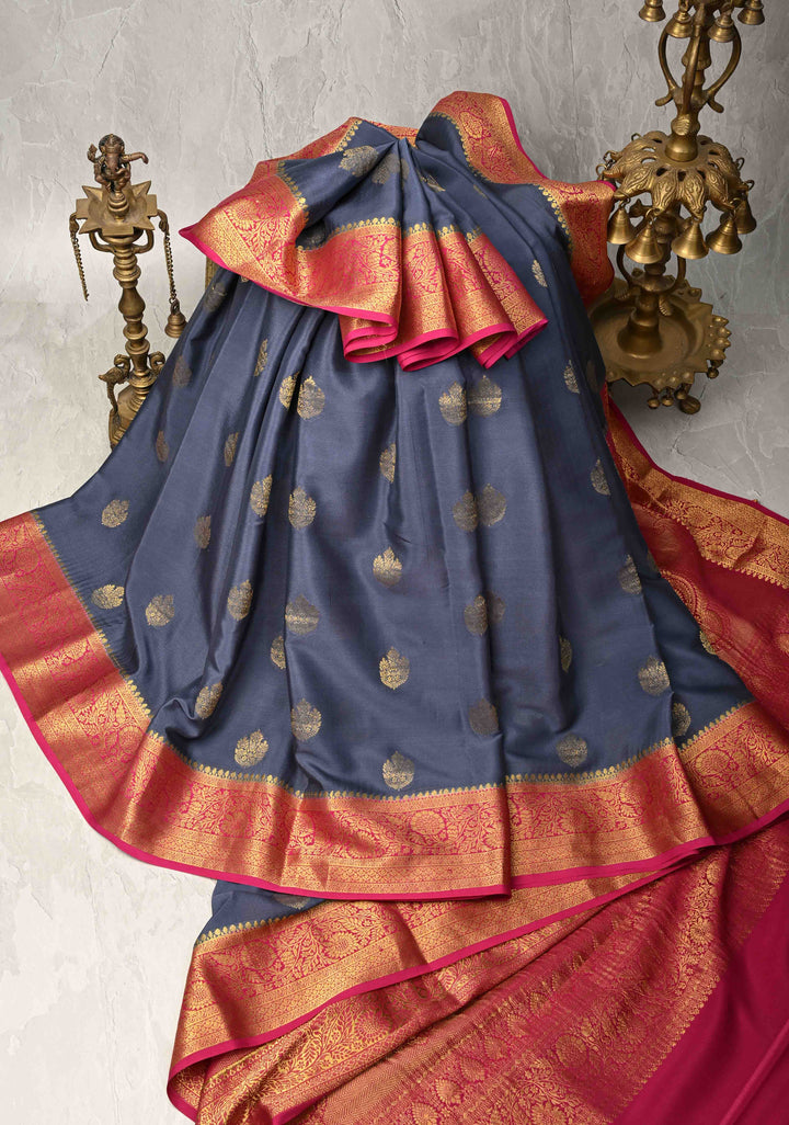 Bluish Gray  Pure Mysore Silk Saree with Zari Buttas and Contrast Zari Border | SILK MARK CERTIFIED