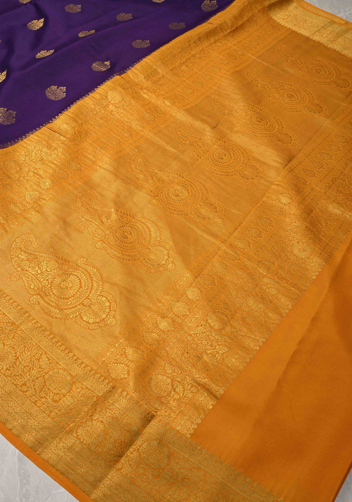 Ink Purple Pure Mysore Silk Saree with Zari Buttas and Contrast Zari Border | SILK MARK CERTIFIED