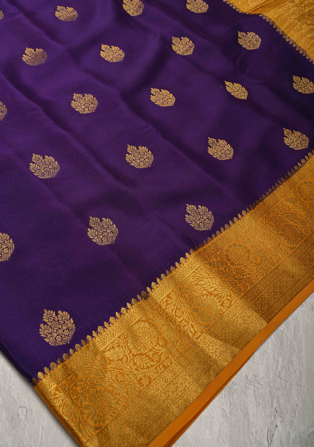 Ink Purple Pure Mysore Silk Saree with Zari Buttas and Contrast Zari Border | SILK MARK CERTIFIED