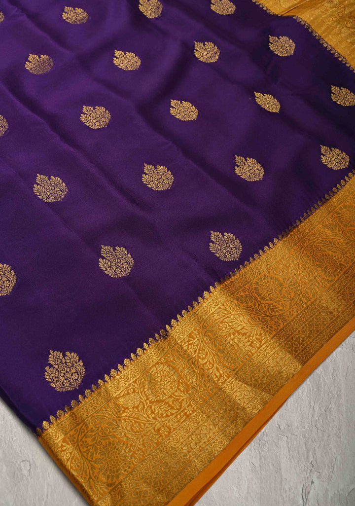 Ink Purple Pure Mysore Silk Saree with Zari Buttas and Contrast Zari Border | SILK MARK CERTIFIED