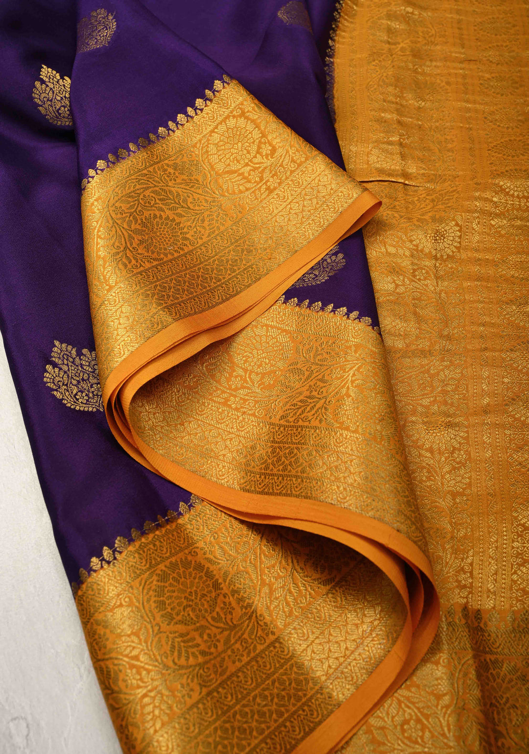Ink Purple Pure Mysore Silk Saree with Zari Buttas and Contrast Zari Border | SILK MARK CERTIFIED