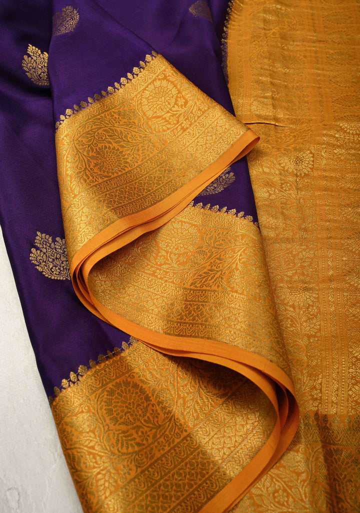 Ink Purple Pure Mysore Silk Saree with Zari Buttas and Contrast Zari Border | SILK MARK CERTIFIED