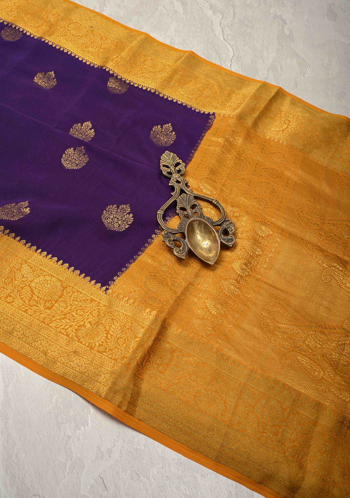 Ink Purple Pure Mysore Silk Saree with Zari Buttas and Contrast Zari Border | SILK MARK CERTIFIED