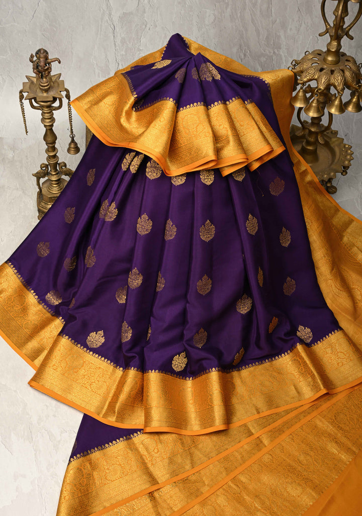Ink Purple Pure Mysore Silk Saree with Zari Buttas and Contrast Zari Border | SILK MARK CERTIFIED