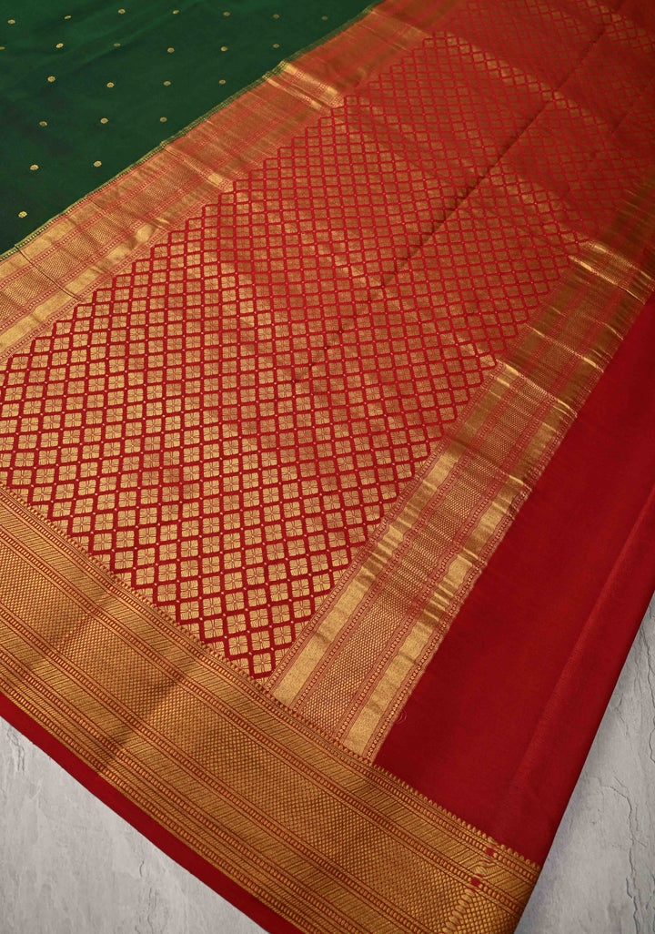 Bottle Green Pure Mysore Silk Saree with Chunri Buttis and Contrast Zari Border | SILK MARK CERTIFIED