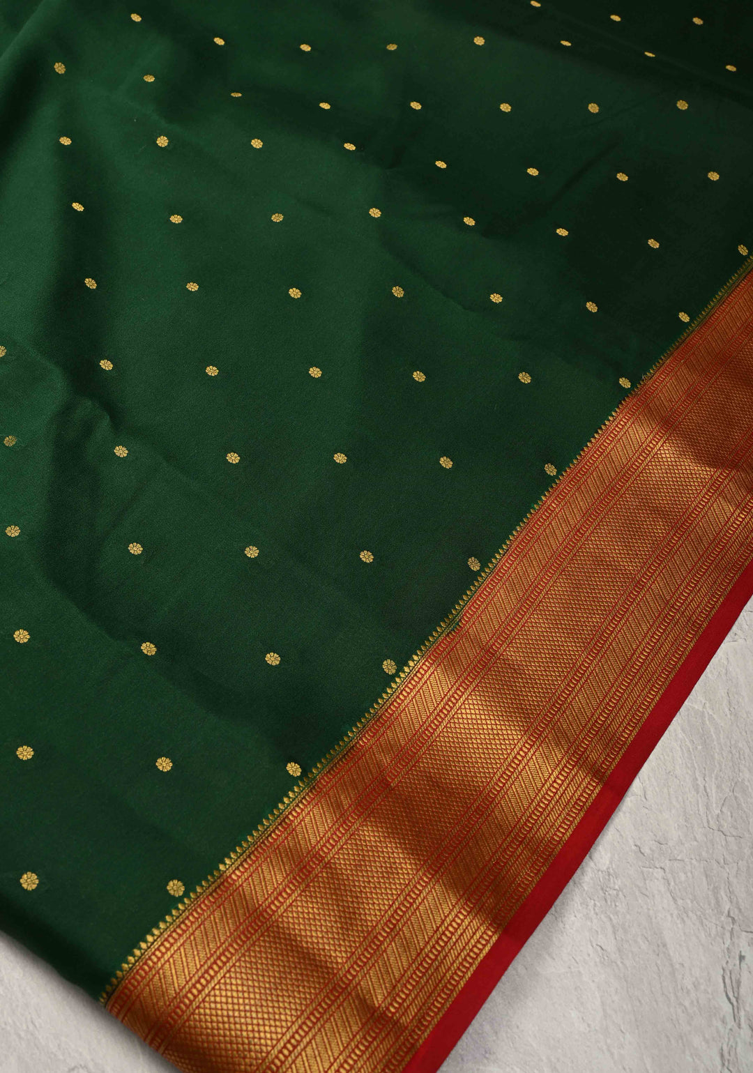 Bottle Green Pure Mysore Silk Saree with Chunri Buttis and Contrast Zari Border | SILK MARK CERTIFIED