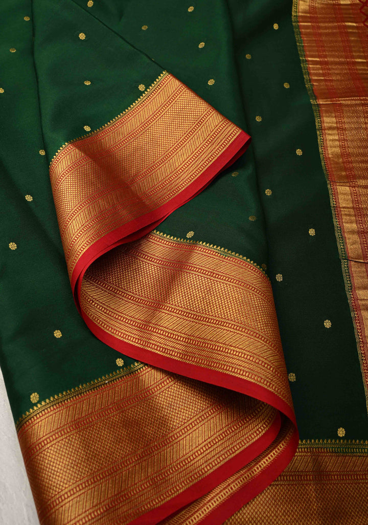 Bottle Green Pure Mysore Silk Saree with Chunri Buttis and Contrast Zari Border | SILK MARK CERTIFIED