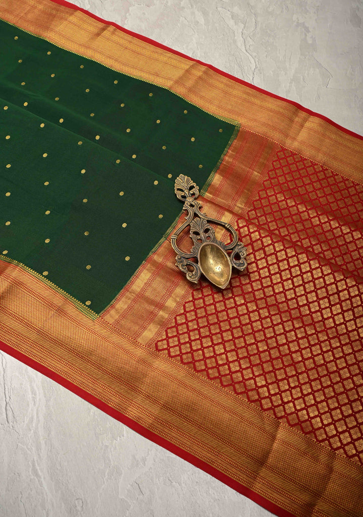 Bottle Green Pure Mysore Silk Saree with Chunri Buttis and Contrast Zari Border | SILK MARK CERTIFIED