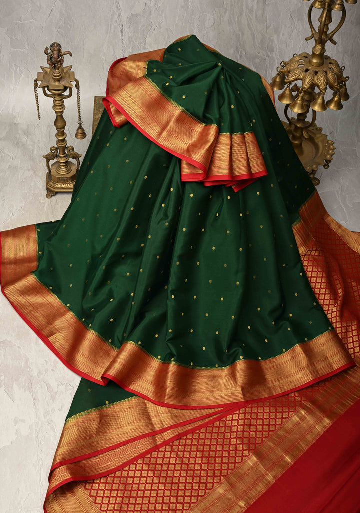 Bottle Green Pure Mysore Silk Saree with Chunri Buttis and Contrast Zari Border | SILK MARK CERTIFIED