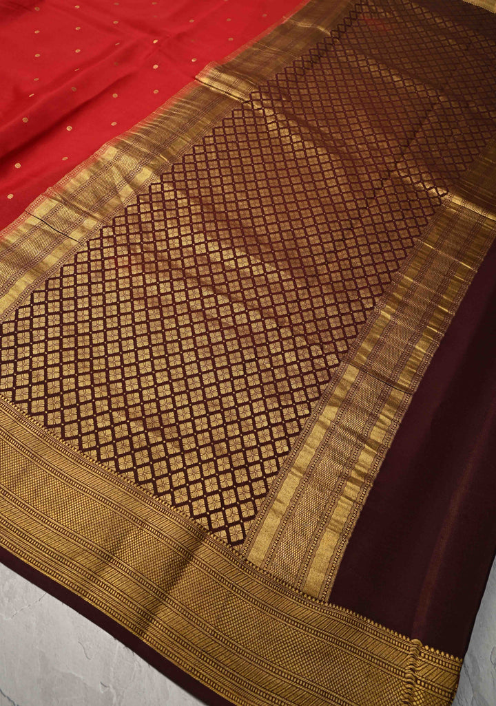 Brick Red Pure Mysore Silk Saree with Chunri Buttis and Zari Border | SILK MARK CERTIFIED